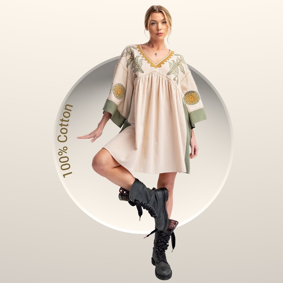 EASEL "Desert Flower" Xtra Full Comfy Linen-Look Embroidered Tunic Dress Pockets - Picture 2 of 15